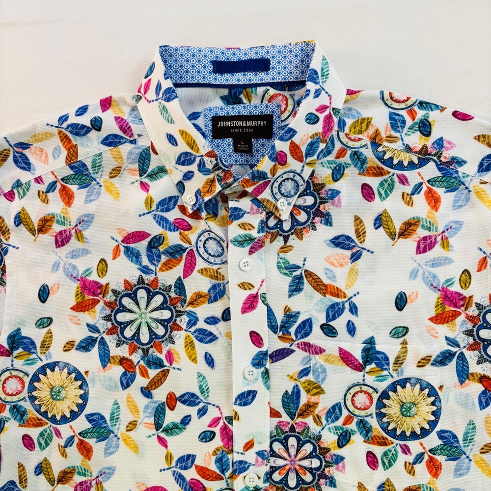 Johnston & Murphy Men’s L Short Sleeve Button Down Shirt Floral Print Cotton